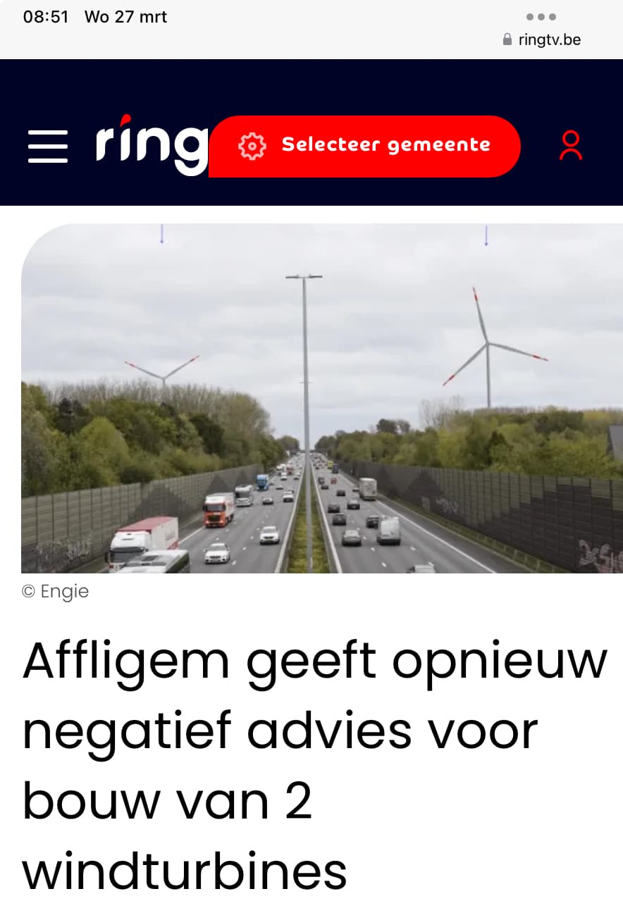 Schepencollege Affligem steunt bezwaren Actiegroep Affligem Windstil en geeft ongunstig advies voor windturbineproject in kouters. (26/3/2024)